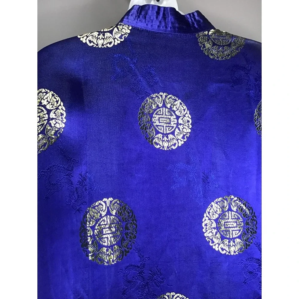 Mens Chinese Traditional Royal Blue Gold Silk Satin Tang‎ Suit Jacket Size XXL